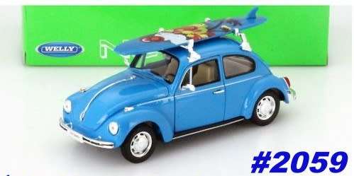 Volkswagen Beetle blue +surfboards 1/24 Welly NEW+boxed  #2059 instant wheels