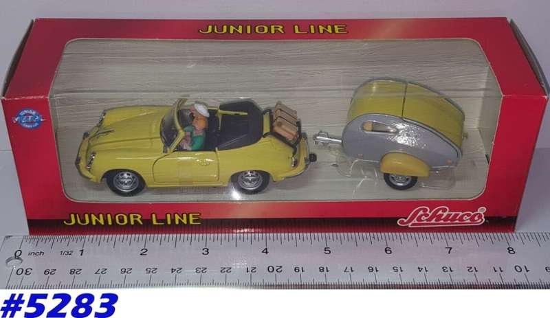 Porsche 356 Cabrio 1952 w. caravan yellow 1:43 Schuco NEW+boxed  #5283 instant wheels