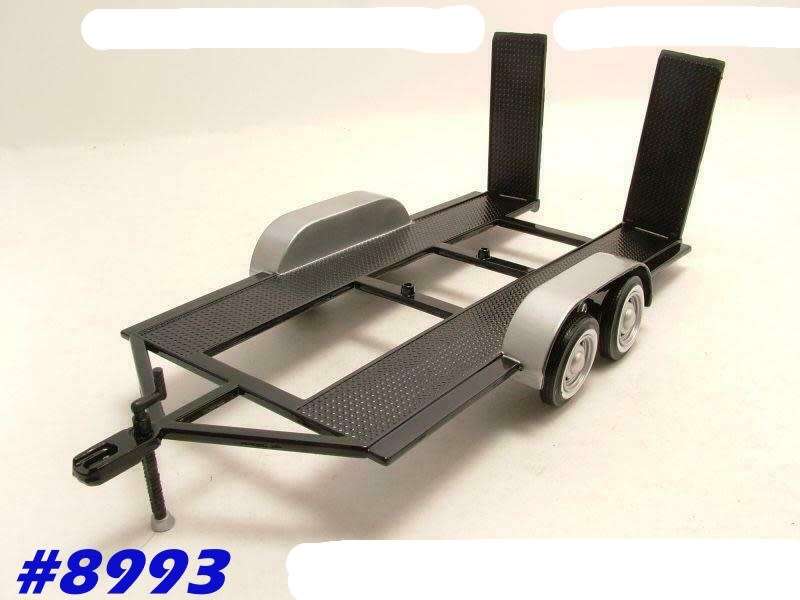 Car Trailer, dbl-axle, black + silver 1/18 Motormax, NEW+boxed  #8993 instant wheels