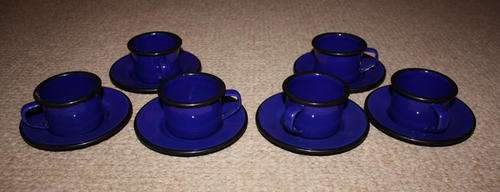 Set of blue enamel coated, tin, espresso cups 