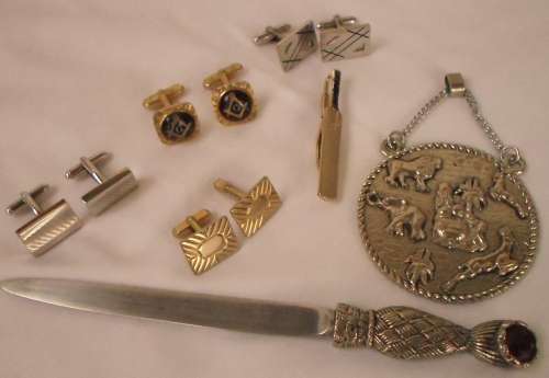 JACOBITE STAINLESS STEEL TRISTLE LETTER OPENER +FREEMASON CUFFLINKS AND ATHERS +TIE PIN +DECANTER DE