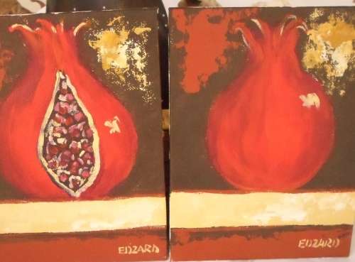 2 X BEAUTIFUL  ACRYLICS POMGRANTES PAINTINGS BY ARTIST EDZARD