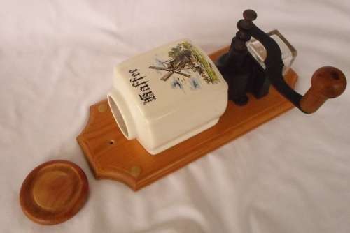 LOVELY LARGE   VINTAGE DUTCH COFFEE GRINDER , WALL MOUNTED PORCELAIN AND GLASS COFFEE HOLDERS