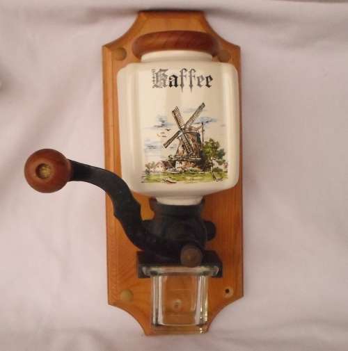 LOVELY LARGE   VINTAGE DUTCH COFFEE GRINDER , WALL MOUNTED PORCELAIN AND GLASS COFFEE HOLDERS