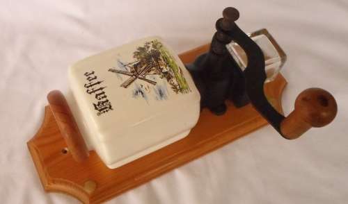 LOVELY LARGE   VINTAGE DUTCH COFFEE GRINDER , WALL MOUNTED PORCELAIN AND GLASS COFFEE HOLDERS