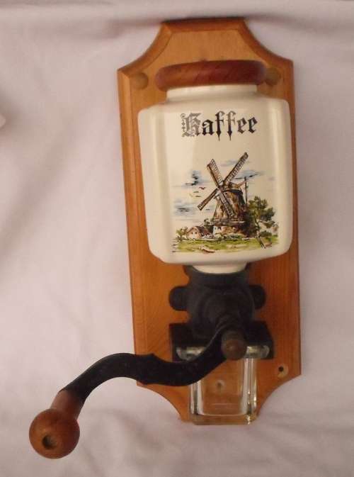 LOVELY LARGE   VINTAGE DUTCH COFFEE GRINDER , WALL MOUNTED PORCELAIN AND GLASS COFFEE HOLDERS