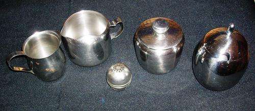 4 X OLD METAL MILK JUGS + SUGER POTS + TEA LEAVE STRAINER FOR TEA