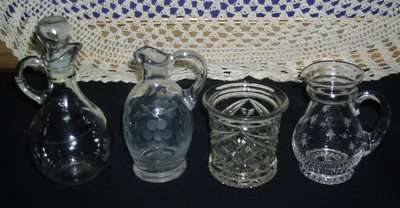 LOVELY COLLECTION OF 3 X GLASS   JUGS + ONE SUGER POT