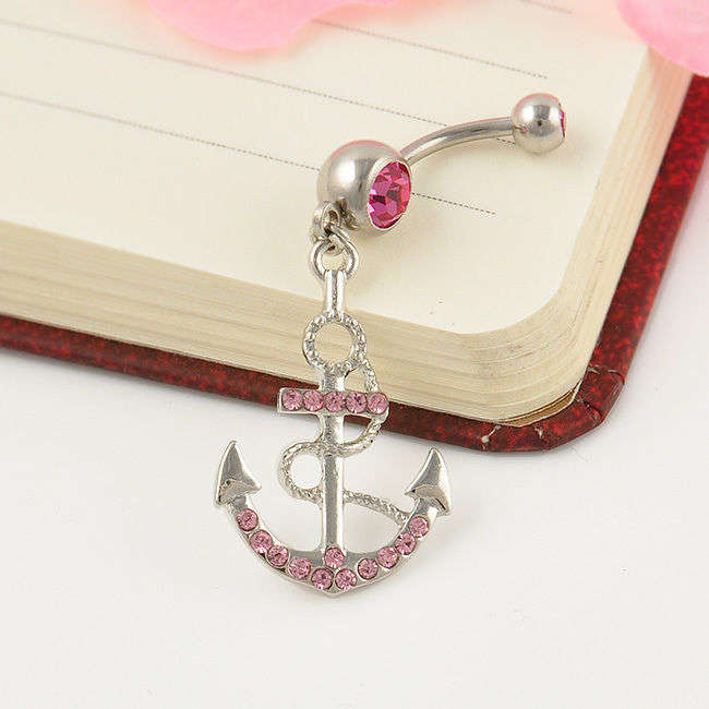 Funky Anchor Shaped Bar Bell Navel Ring with Rhinestones