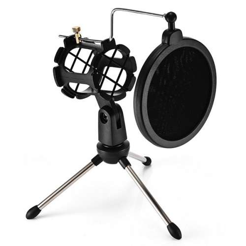 Proffessional Foldable Desktop Microphone Tripod Stand with Pop Shield Dual Filter