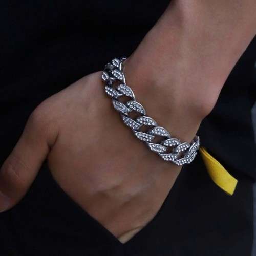 Mens Iced Out Silver Cuban Linked Bling Bracelet