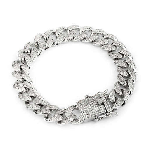 Mens Iced Out Silver Cuban Linked Bling Bracelet