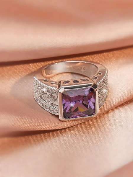 Stunning & Glamorous Purple Amethyst & Rhinestone Silver Filled Decor Ring  ( Size 7 )