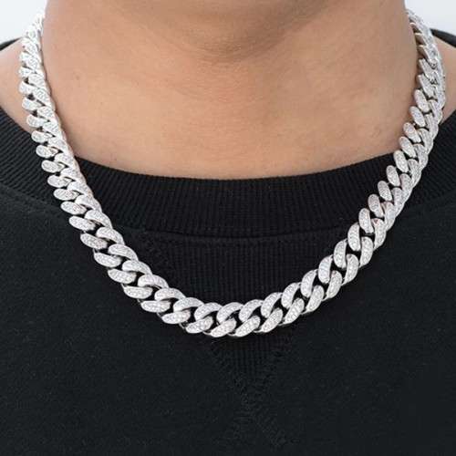 Mens Stunning Iced Out Silver Cuban Linked Bling Neck Chain