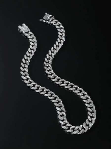 Mens Stunning Iced Out Silver Cuban Linked Bling Neck Chain