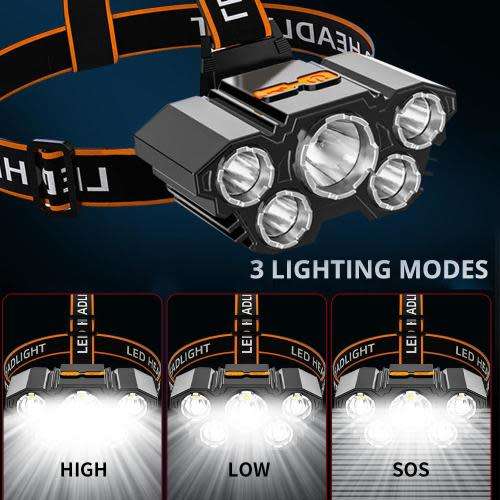 USB Rechargeable Super Bright & Powerful LED Waterproof 5 LED Indoor / Outdoor Headlamp