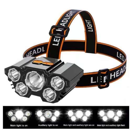USB Rechargeable Super Bright & Powerful LED Waterproof 5 LED Indoor / Outdoor Headlamp