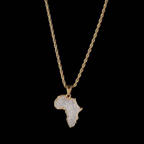 Mens Stunning Gold Plated Brass Diamantes Africa Pendant Necklace