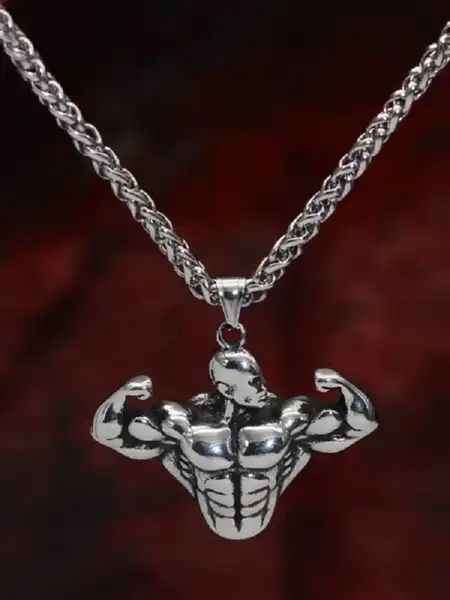 Mens Cool Super Jacked Antique Silver Design Muscle Man Pendant Necklace