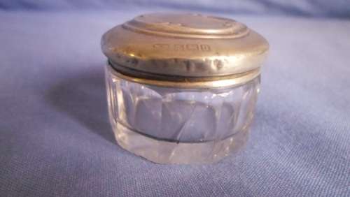 ANTIQUE GLASS DRESSING TABLE JAR WITH SOLID SILVER TOP ( MARKED )