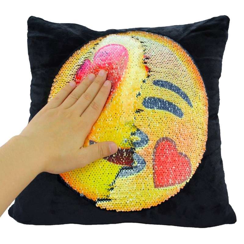 Emoji Pillow Changing Face Emoticon Sequin Pillowcase Cushion Cover- Heart Eyes & Kiss Face