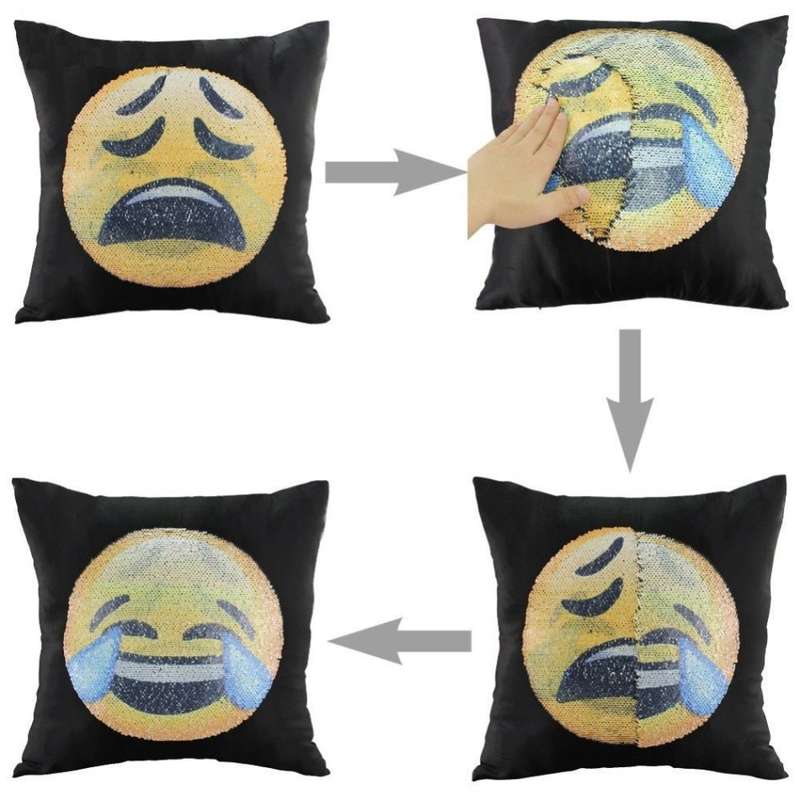 Emoji Pillow Changing Face Emoticon Sequin Pillowcase Cushion Cover -Crying Laughing & Unhappy Emoji
