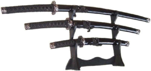 Classic Japanese Black Ninja Samurai Katana Three 3 Piece Steel Metal Sword Set and Stand - Black