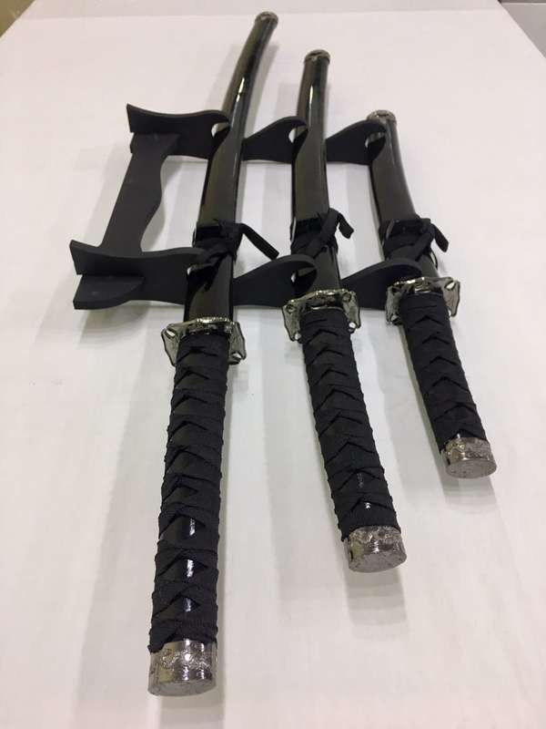 Classic Japanese Black Ninja Samurai Katana Three 3 Piece Steel Metal Sword Set and Stand - Black