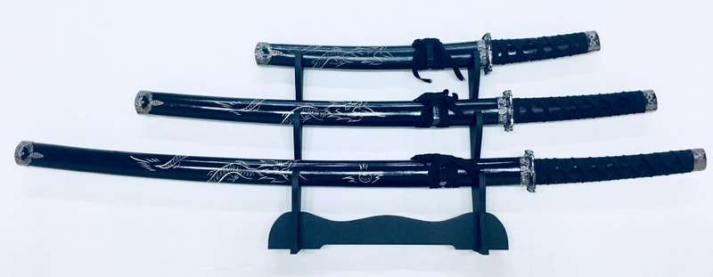 Japanese Ninja Samurai Katana Sword 3 Piece Steel Metal Sword Set with Stand - Black Dragon Engraved