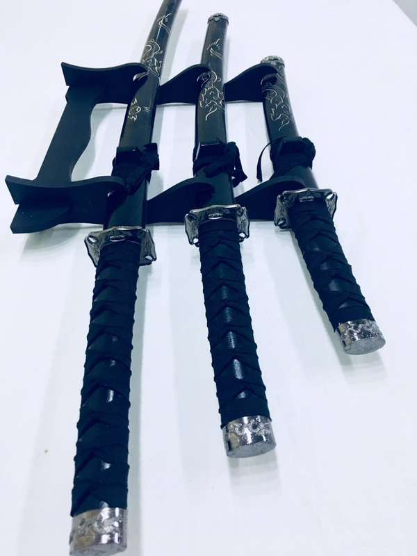 Japanese Ninja Samurai Katana Sword 3 Piece Steel Metal Sword Set with Stand - Black Dragon Engraved