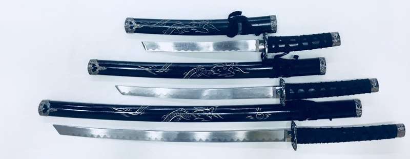 Japanese Ninja Samurai Katana Sword 3 Piece Steel Metal Sword Set with Stand - Black Dragon Engraved