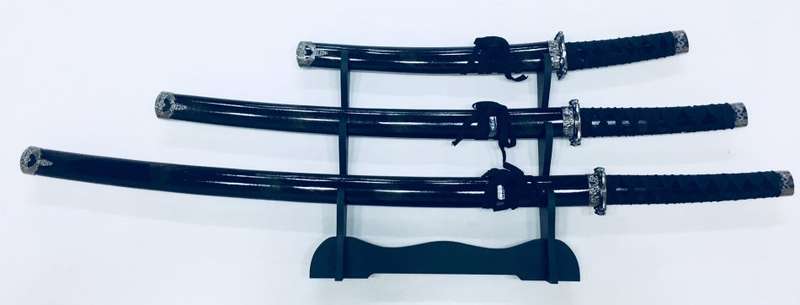 Japanese Black Ninja Samurai Katana 3 Piece Steel Metal Sword Set and Stand - Black Gold Splatter