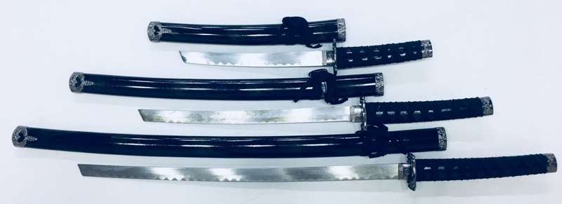Japanese Black Ninja Samurai Katana 3 Piece Steel Metal Sword Set and Stand - Black Gold Splatter