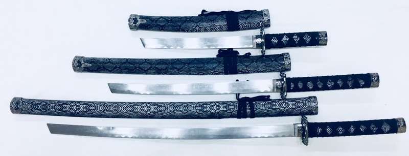 Japanese Grey Snakeskin Ninja Samurai Katana 3 Piece Steel Metal Sword Set and Stand - Snake Skin