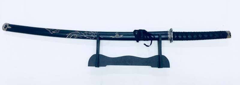 Japanese Ninja Samurai Katana Simulation Steel Metal Sword and Stand - Black Dragon Engraved