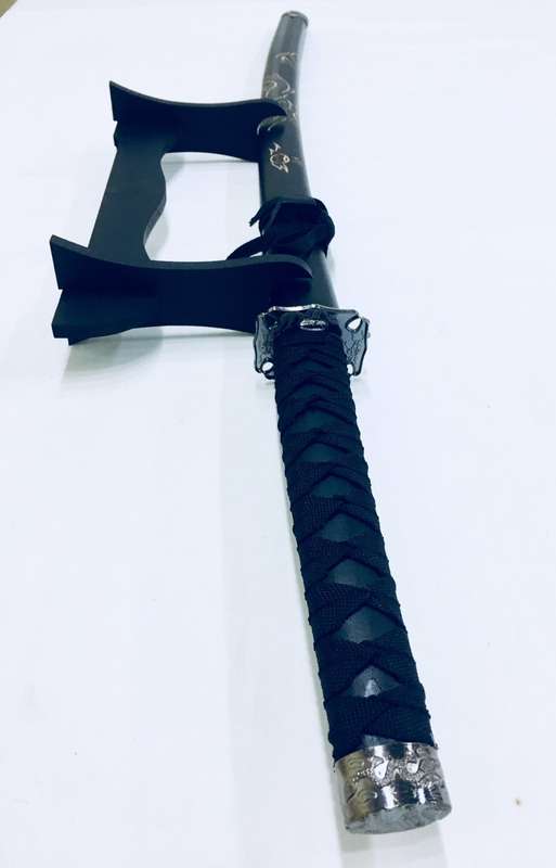 Japanese Ninja Samurai Katana Simulation Steel Metal Sword and Stand - Black Dragon Engraved