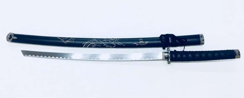 Japanese Ninja Samurai Katana Simulation Steel Metal Sword and Stand - Black Dragon Engraved