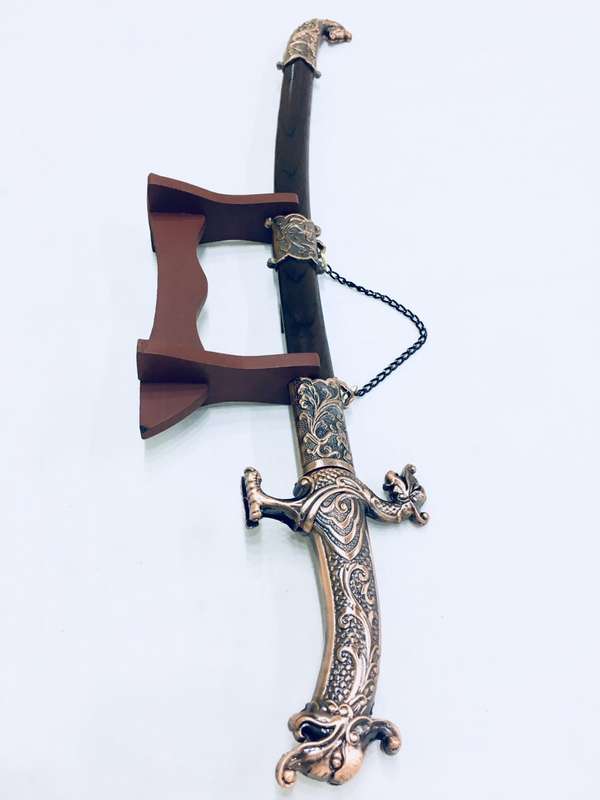 Shamshir Scimitar Saber Sword Metal Short Sword and Stand - Bronze