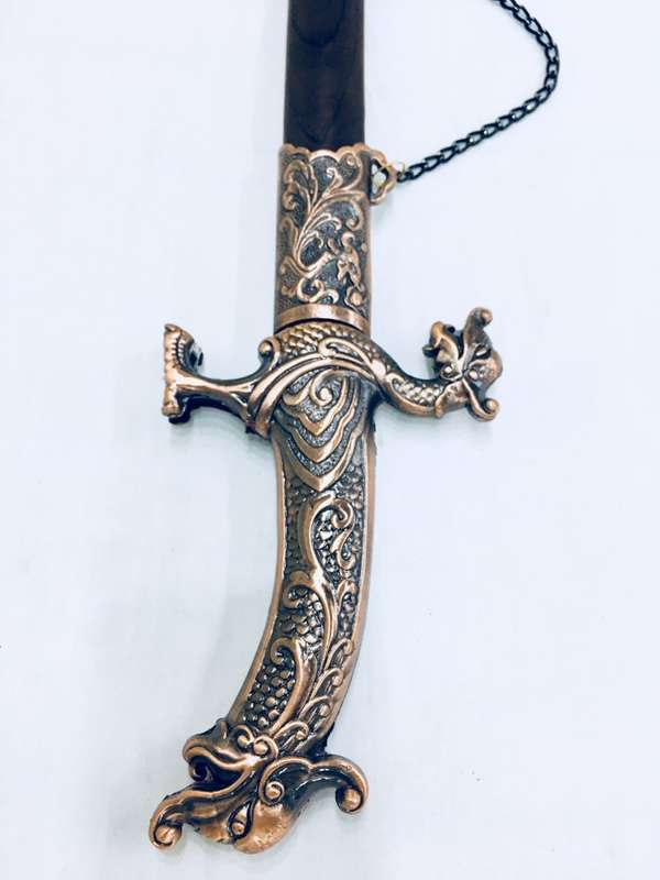 Shamshir Scimitar Saber Sword Metal Short Sword and Stand - Bronze