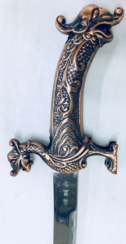 Shamshir Scimitar Saber Sword Metal Short Sword and Stand - Bronze