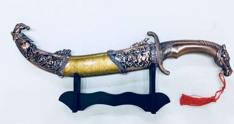 Shamshir Scimitar Saber Sword Metal Short Sword and Stand - Bronze