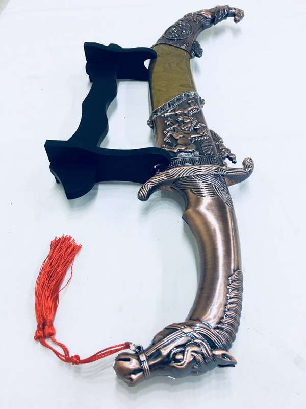 Shamshir Scimitar Saber Sword Metal Short Sword and Stand - Bronze