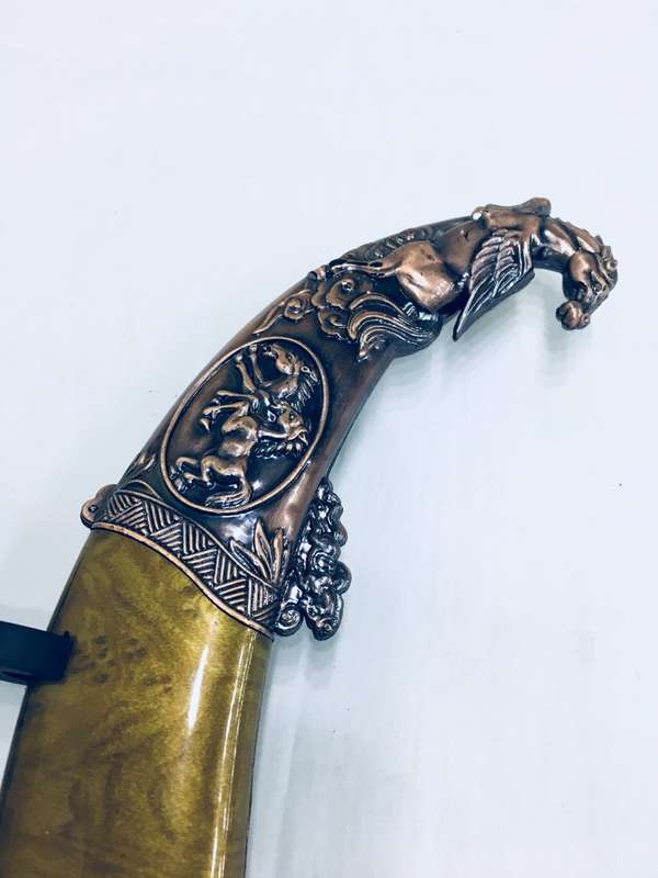 Shamshir Scimitar Saber Sword Metal Short Sword and Stand - Bronze