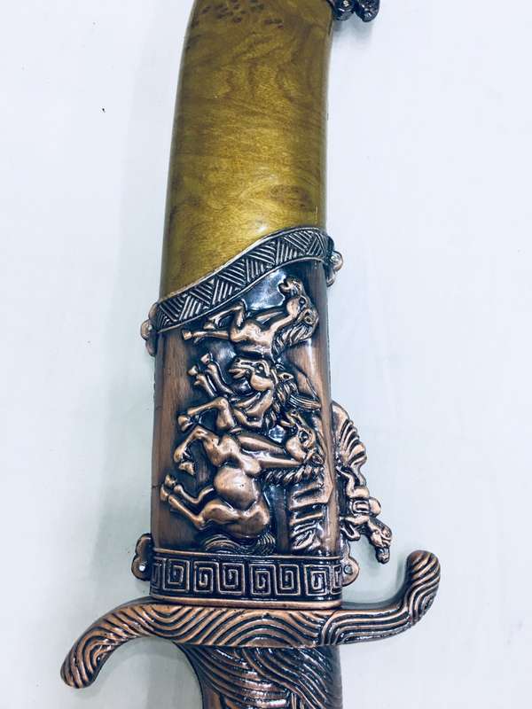Shamshir Scimitar Saber Sword Metal Short Sword and Stand - Bronze