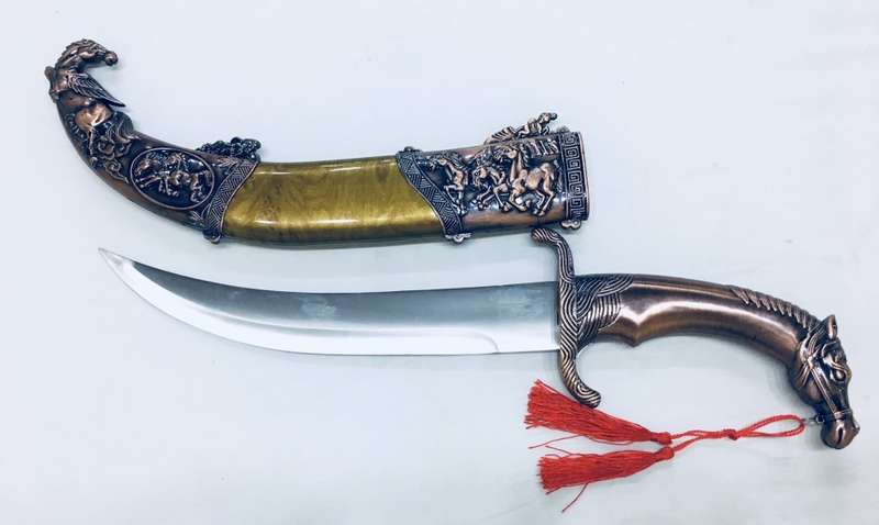 Shamshir Scimitar Saber Sword Metal Short Sword and Stand - Bronze