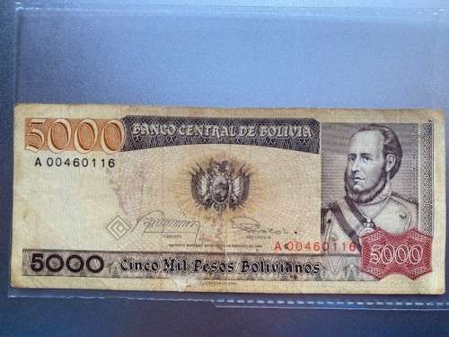 Bolivia 5000 Pesos Bank Note.