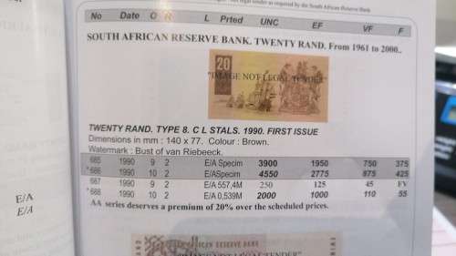 R20 South Africa REPLACEMENT Bank Note - XX series - Governor CL Stals. UNC Catalogue Value R2,000