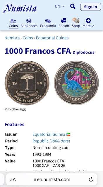 Equatorial Guinea, 1000 Francos CFA - 1993 - Jurassic Dinosaurs Series - Diplodocus. RARE