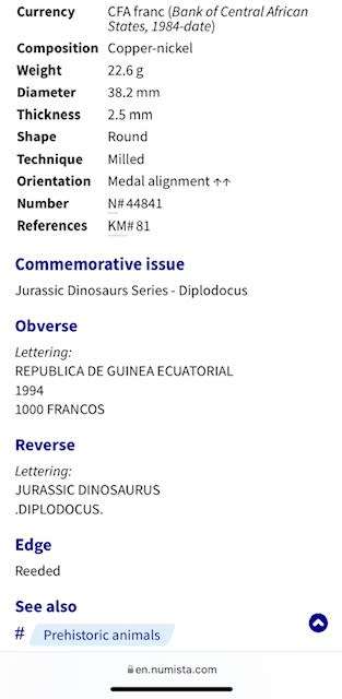 Equatorial Guinea, 1000 Francos CFA - 1993 - Jurassic Dinosaurs Series - Diplodocus. RARE