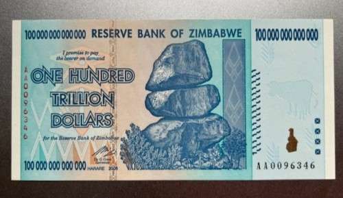 $100 Trillion Dollar Zimbabwe Bank Note. One of the largest denomination Bank Notes in the world-UNC
